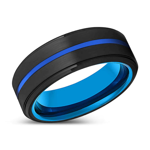 London Manori Black Tungsten Ring with Blue Grooved Center
